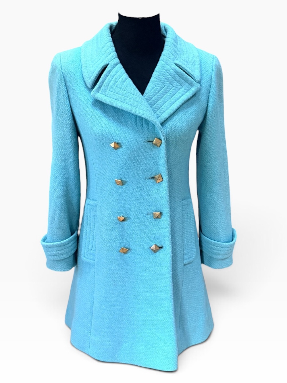 Vintage 1960s Turquoise Mod Wool Coat Gold Buttons ILGWU Union Made